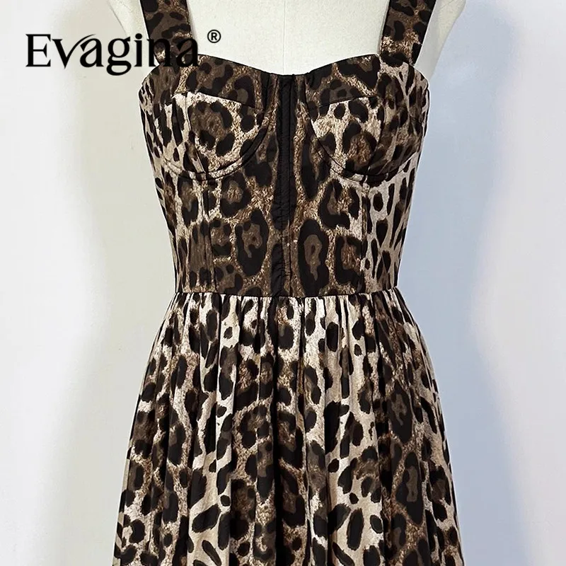 Evagina Fashion Design New Women's Leopard Print Sling Sweetheart Neck Collar cinching Waist Sexy Big Swing Temperament Dress