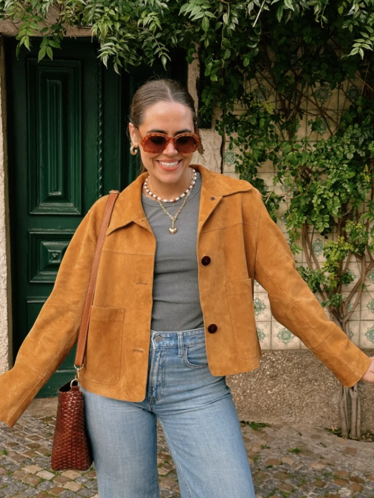 

Casual Suede Brown Short Jacket Women Retro Solid Loose Single-breasted Full Sleeve Female Coat Chic High Street Lady Outerwears