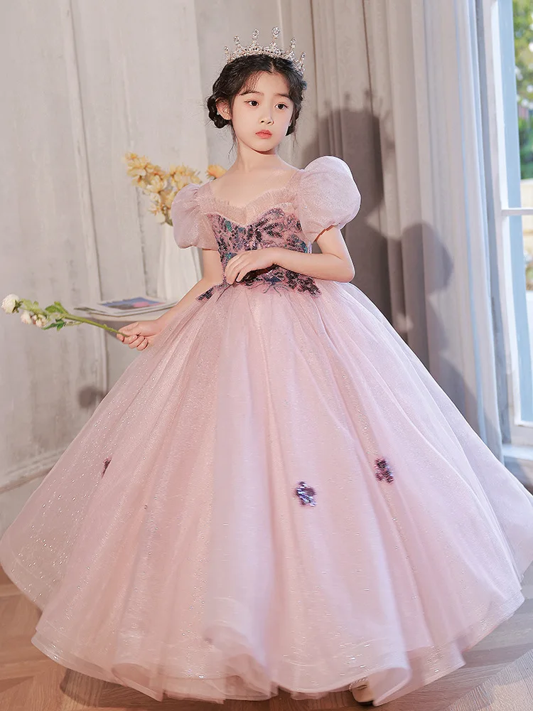 Vestido de princesa para niños, nuevo vestido para niñas, pasarela, actuación de piano, cumpleaños, hilo esponjoso, noche de invierno