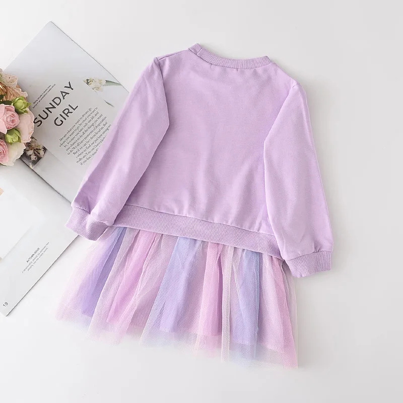 Pakaian Anak Perempuan Kasual Musim Semi Musim Gugur Gaun Tambal Sulam Jaring Gambar Cetak Unicorn Pelangi Lucu untuk Anak-anak Pakaian Sehari-hari Pakaian Anak-anak 3-8Y