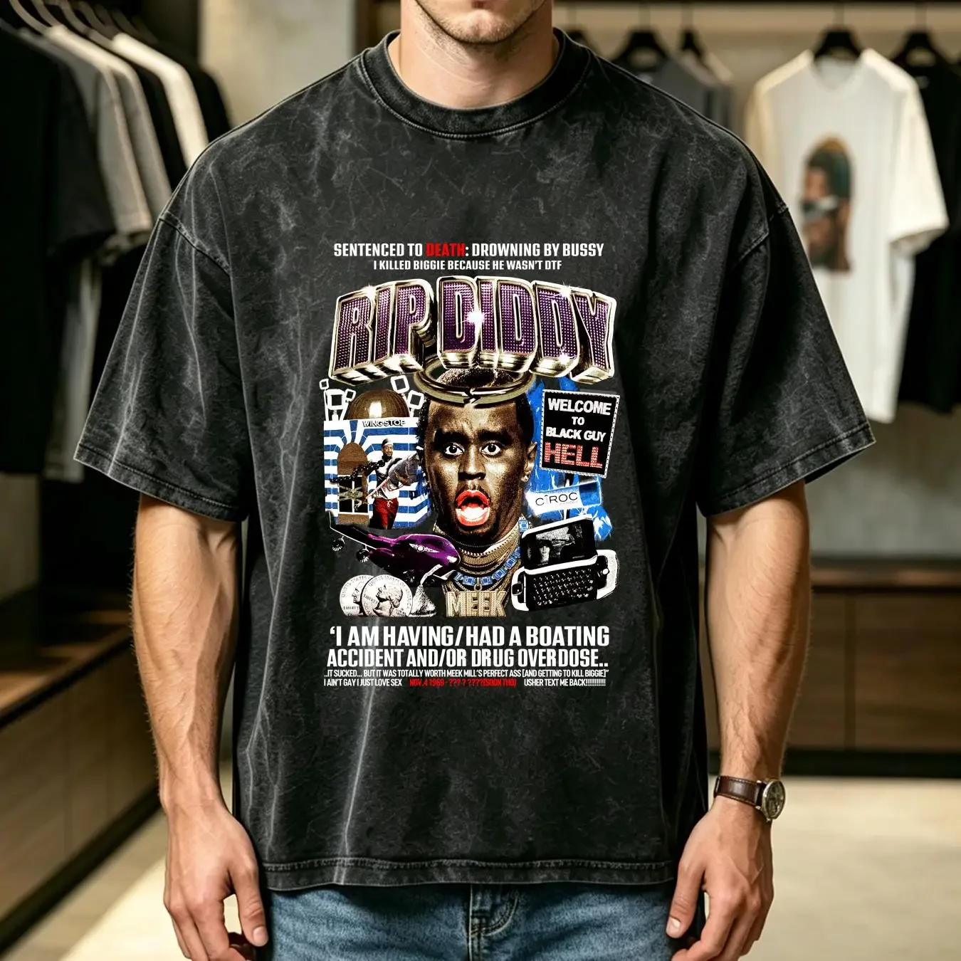 washed T Shirt Cash Star RIP DiDDY Sam Hyde Black Size XL New Unworn vintage Washed Top For Everyday Wear Versatile Stretched