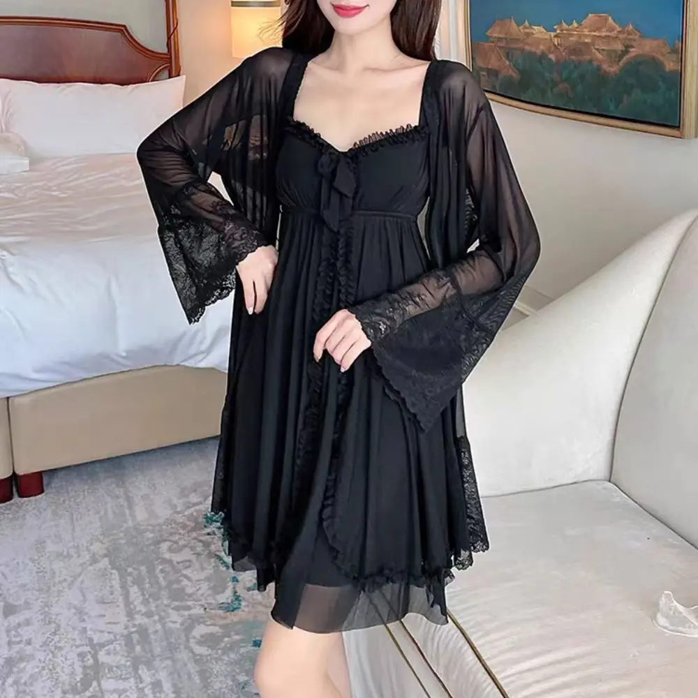 

Lace Bowknot Women Pajama Dress Nightgown Ruffle Sleeveless Sleeping Dress Robe Set Homewear Sleepwear Sling Nightgown with Pads