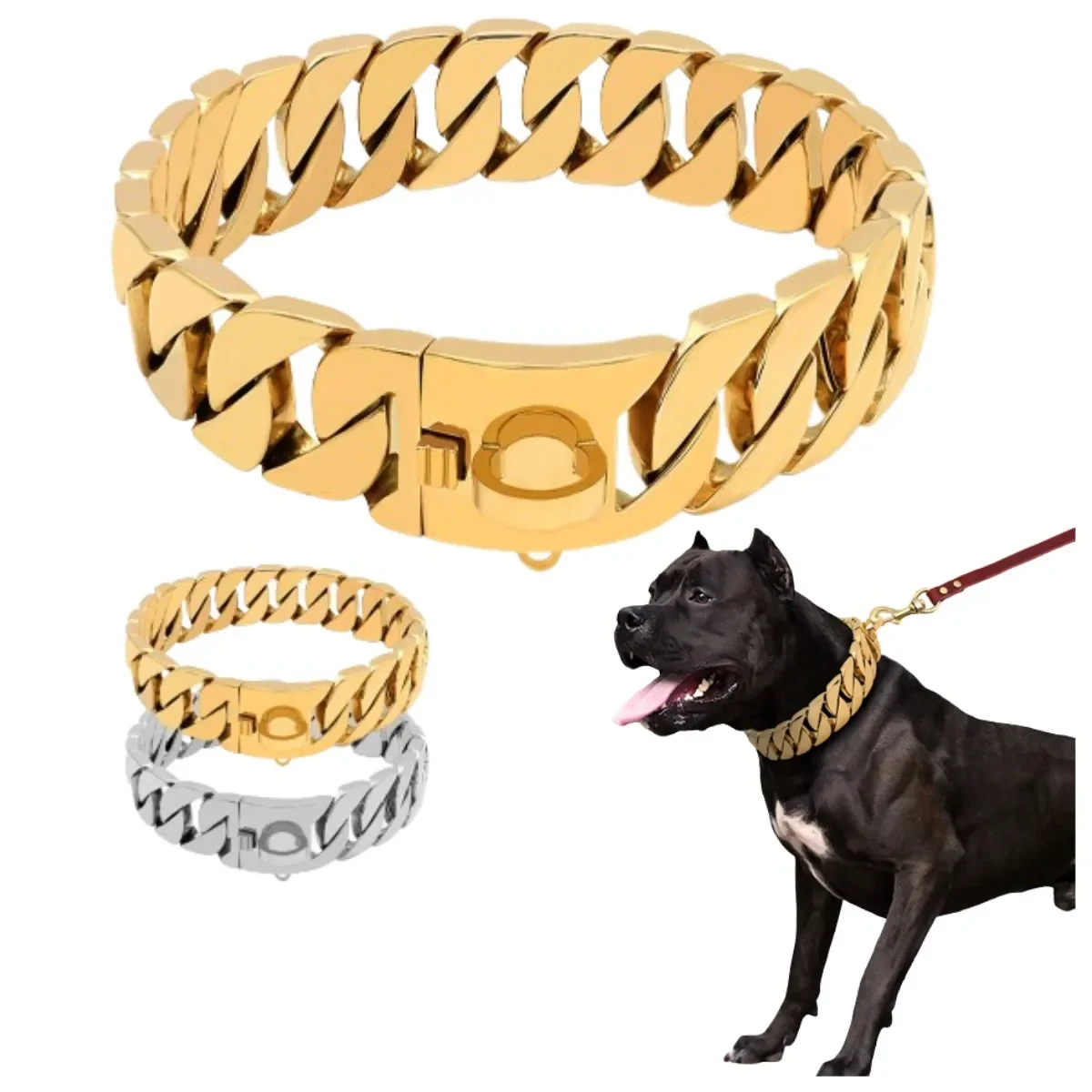 Strong Metal Dog Chain Collars Stainless Steel Pet Training Choke Collar For Large Dogs Pitbull Bulldog Silver Gold Show Collar