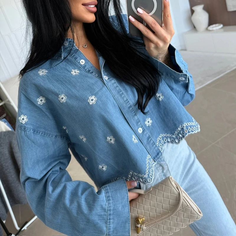 

Fashion Single Breasted Office Shirt 2026 Women Casual Long Sleeve Loose Blouse Blusa Elegant Embroidered Design Street Tees