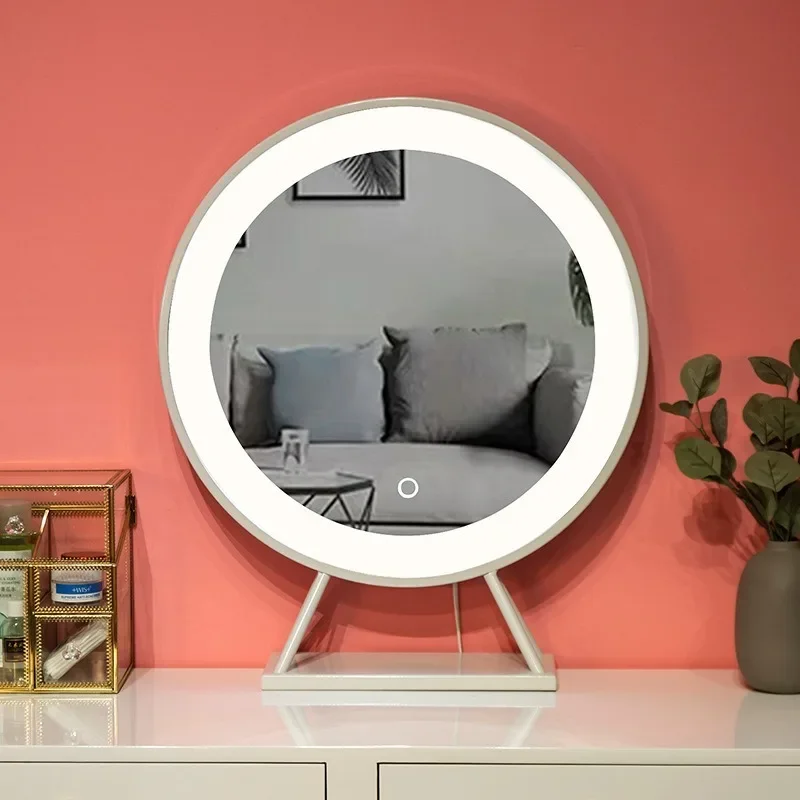 Nordic LED Makeup Mirror 3 Color Variable Light Smart Gold Metal Frame Round Desktop Dresser  Decorative  50cm MJ