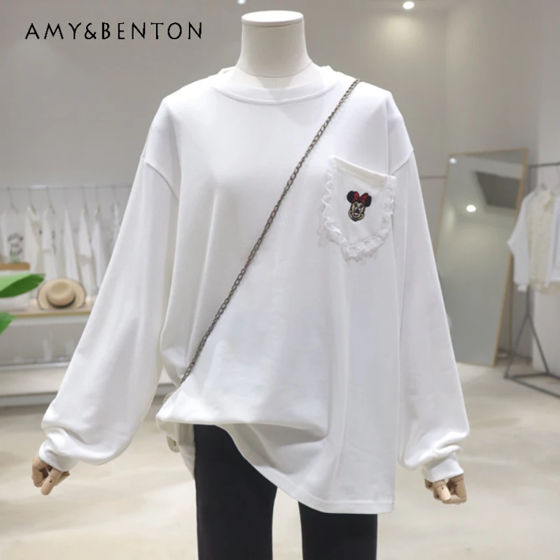 

Soft Comfortable Polished Lace Pocket Cartoon Embroidery 2025 New Spring Loose Medium And Long Cotton Long-sleeved T-shirt Women