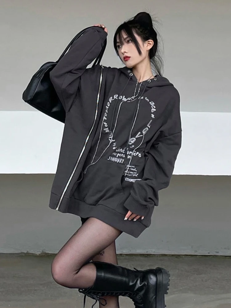 Deeptown Gothic Punk Streetwear Heart Letter Print Oversized Hooded Sweatshirt Women Grunge Zipper Hoodie Female Long Sleeve Top