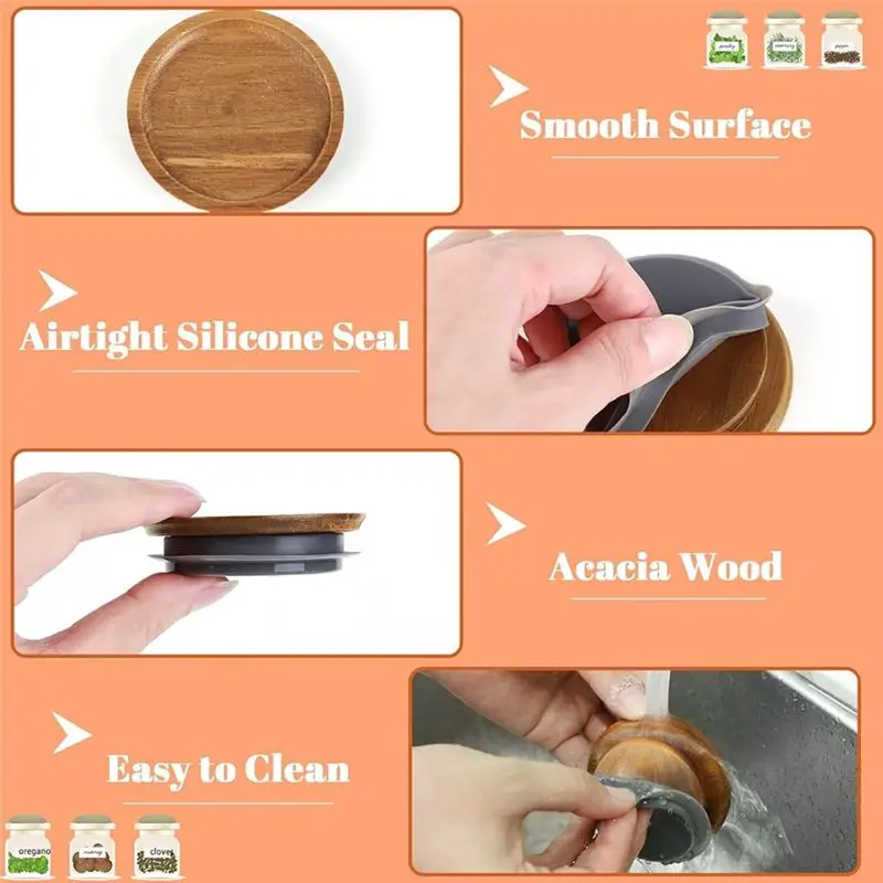 J1UL1N Storage Mason Jar Lids In Wood, Reusable Covers For Regular & Wide Mouth Mason Canning Jars
