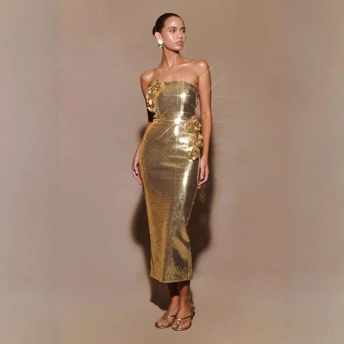 

Women Sexy Strapless Luxury Flower Glitter Sequins Dress Long Gold Sparkly Sequin Sleeveless Bodycon Dresses Evening Party Club