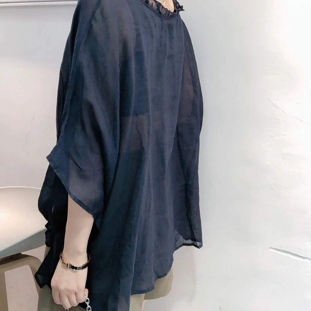

Summer Women's irt Loose Cotton Linen Batwing Sve Commute Sle Korean Version round Ne ort Sve Pure Color