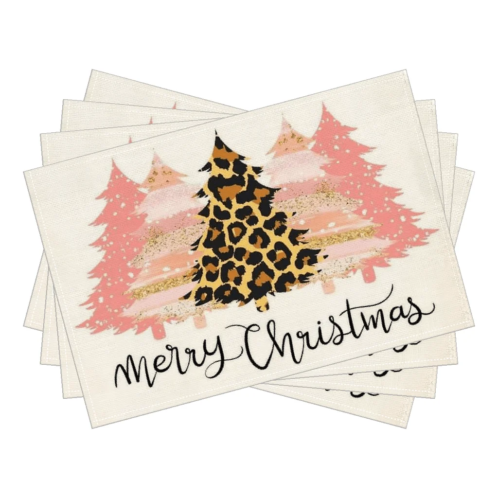 Set of 4 Christmas-Themed Placemats Material Crafted Design with Handmade Feel Featuring Christmas Tree and Snowflake Patterns
