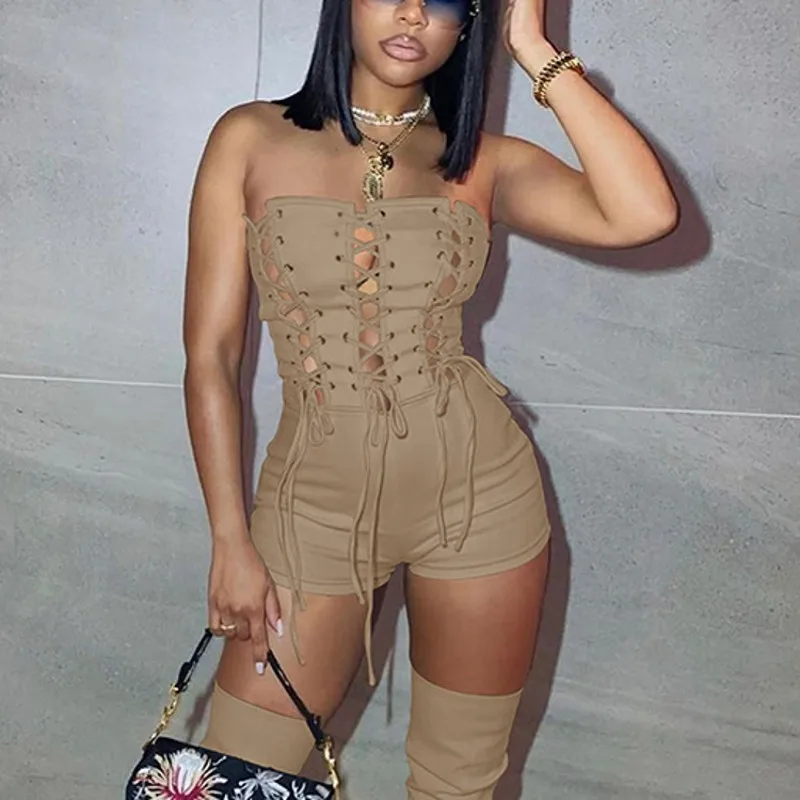 

Summer New Fashion Women Playsuits Sexy Hollow Sleeveless Solid Color Shorts Jumpsuit Bodycon Black Bodysuit Y2K White Rompers