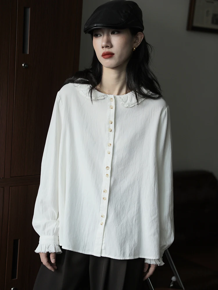 

Retro Lace Collar Flared Sve irt Women's Loose White Faion Design Artistic Trendy Cotton Blend Long Sve Button up