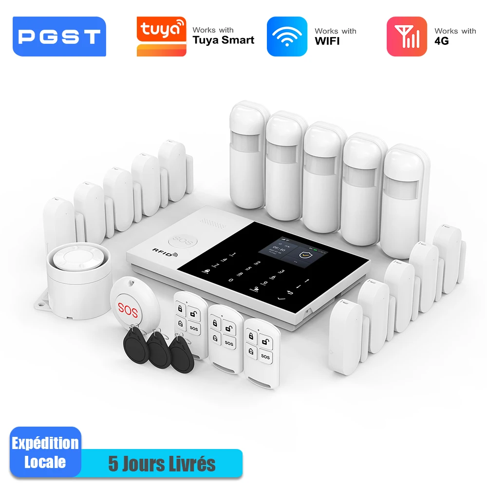 PGST système alarme anti vol WiFi 4G Works with Tuya Smart Life pack sécurité sans fil intelligent protection domicile local commercial capteurs porte fenêtre surveillance à distance par téléphone