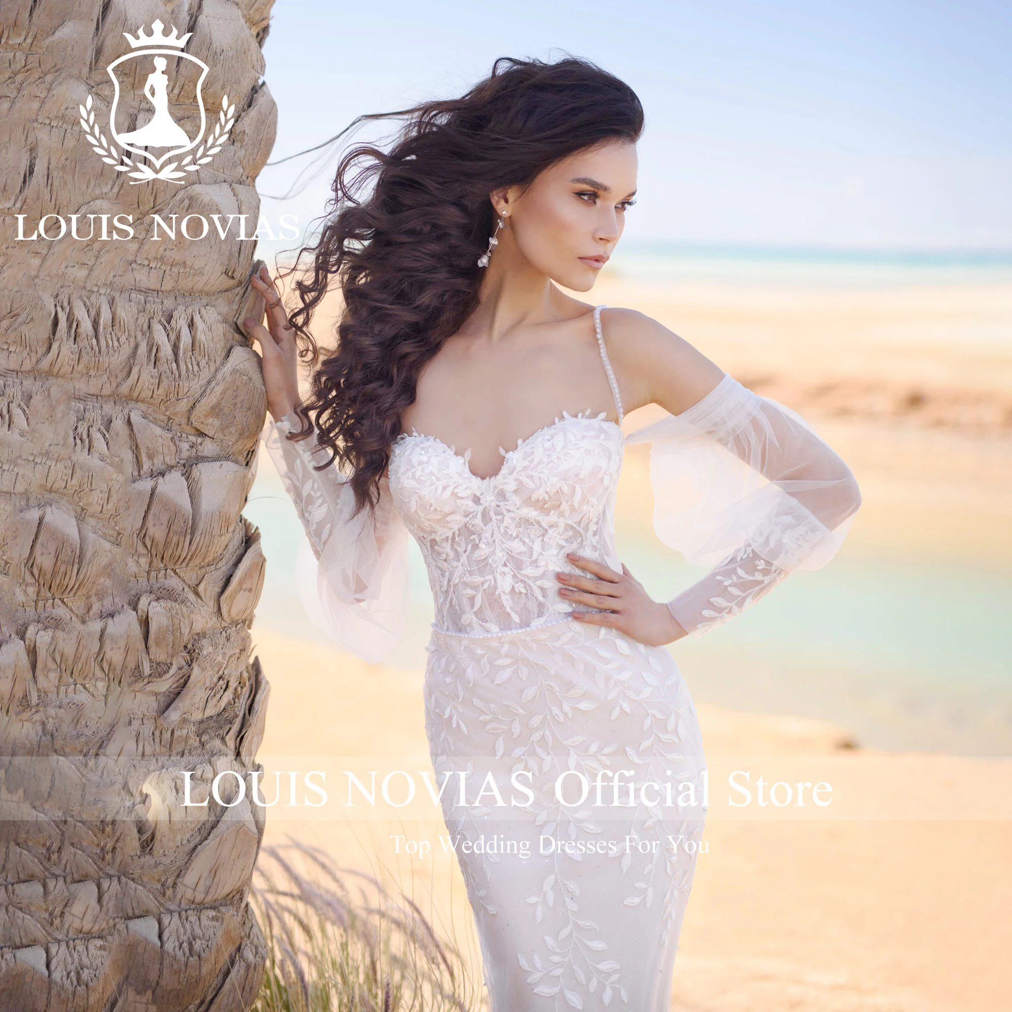 Louis novias cintas de espaguete sereia vestidos de casamento elegante deslumbrante querida destacável mangas puff apliques vestido de casamento