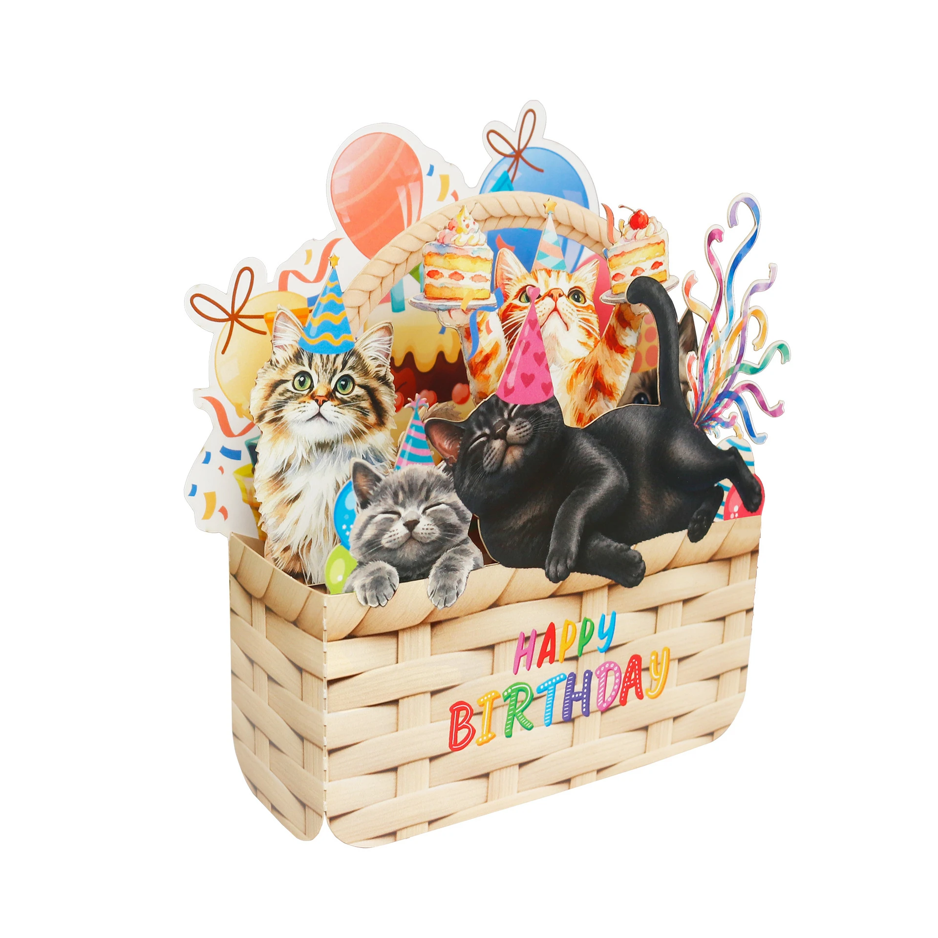 Cat Birthday Pop-Up Card  Happy Birthday Songs Cute Kittens in Flower Basket Birthday Gift