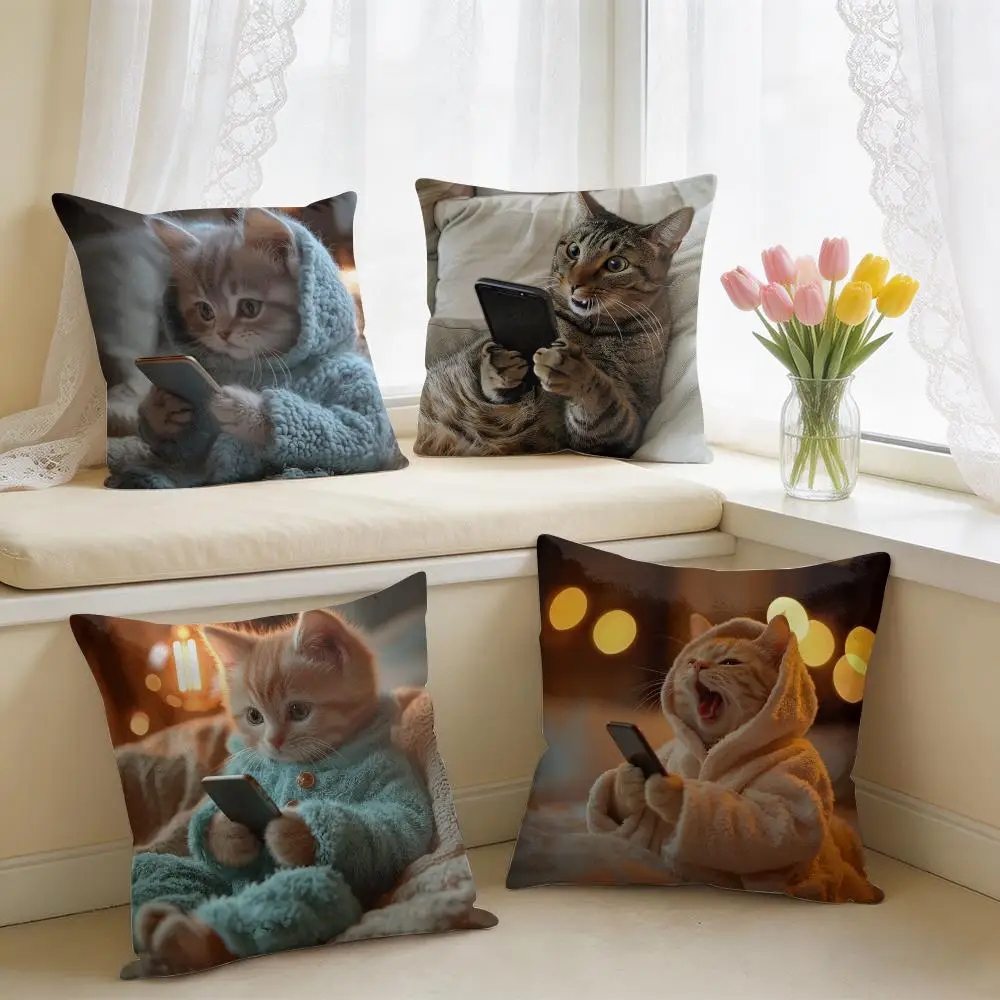 Cute Cat Holding Phone Cushion Cover Square Short Plush Pillow Case Living Room Sofa Home Decor Funda 40X40