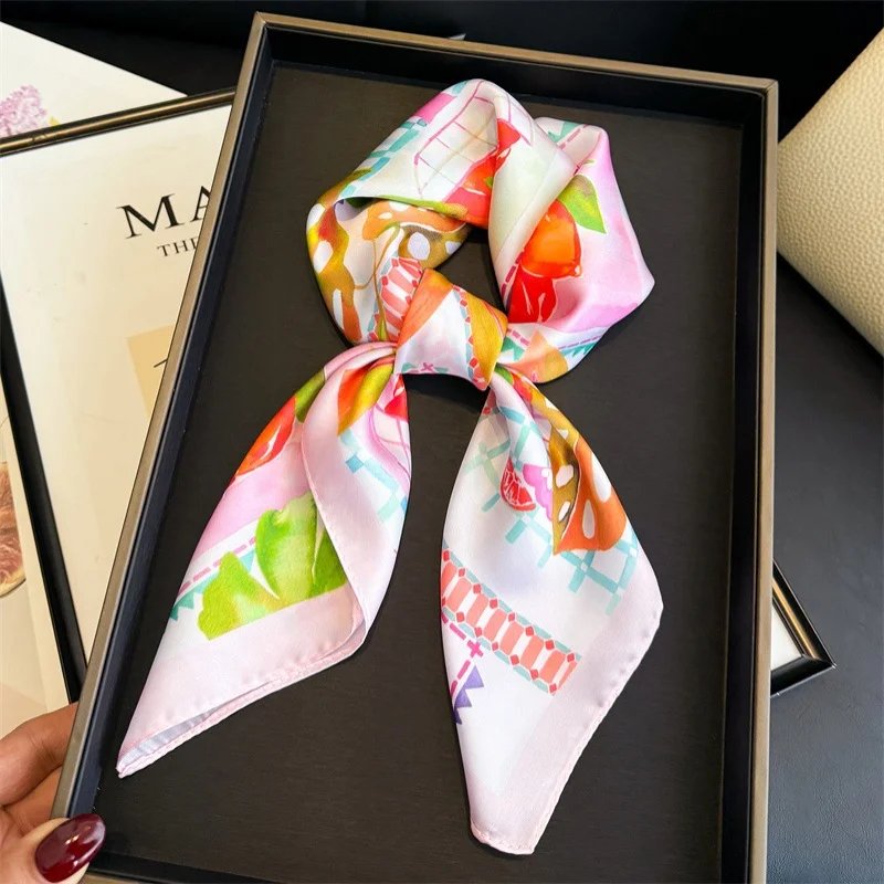 Summer Bright Color Fruits Print Small Square Scarf Women Satin Neck Tie 70cm Sandbeach Kerchief Soft Neat Ladies Neckerchief