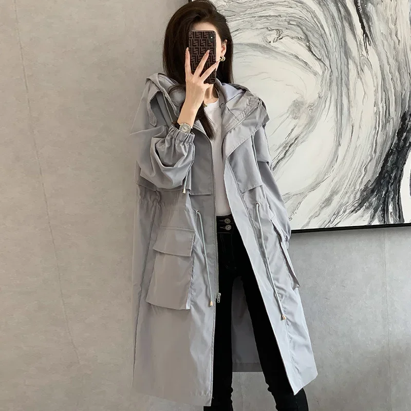 

New 2021 Spring Autumn Long Trench Coat Women Loose Hooded Overcoat Female Adjustable Waist Outerwear Korean Fashion Windbreaker