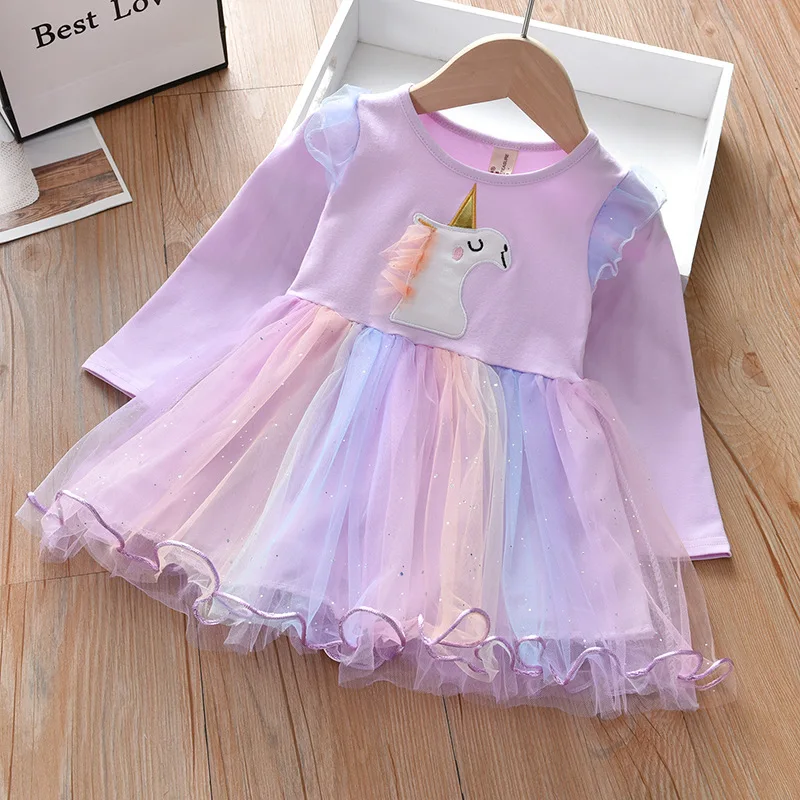 2024 New Unicorn Princess Dress Baby Girls Dress Spring Autumn Kids Clothes Dress Party Long-sleeved For Children\'s Dress 2-9Y