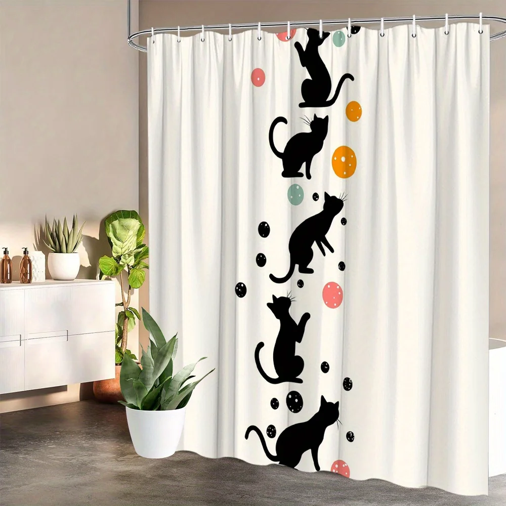 Black Cat Silhouette Shower Curtain, Cute Kitten Playing Balls Decor, Modern Waterproof Polyester Bath Screen, Pet Lover Home