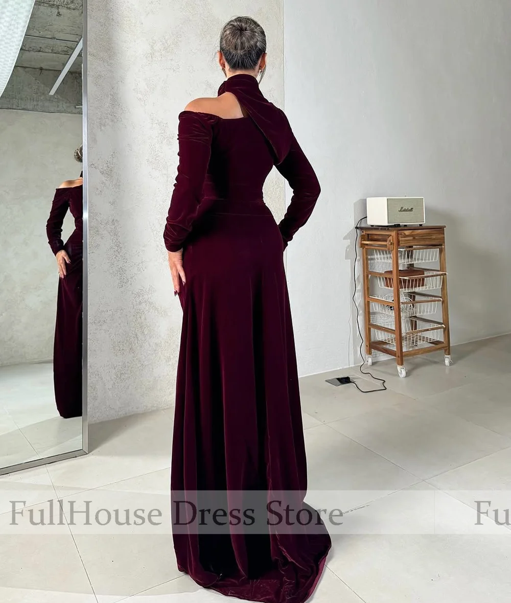 مناسبة مخصصة خمر الرقبة العالية كم طويل المخملية غمد مثير ثوب مسائي مطوي الطابق طول فستان عربي سعودي مع المحكمة