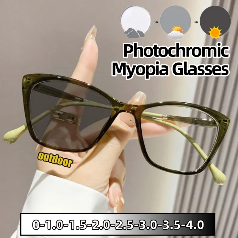 

Fashionable Large Frame Cat Eye Photochromic Myopia Glasses Leisure Unisex Versatile Near Sight Eyeglasses Diopter 0 To -4.0