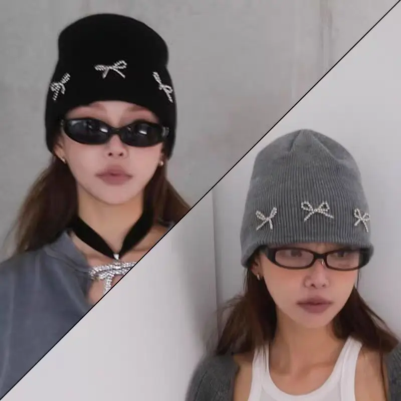 Bow Knit Beanie for Women Fall Winter Large Size Pullover Cold Weather Hat for Girls Face Slimming Influencer Style Acrylic CHat