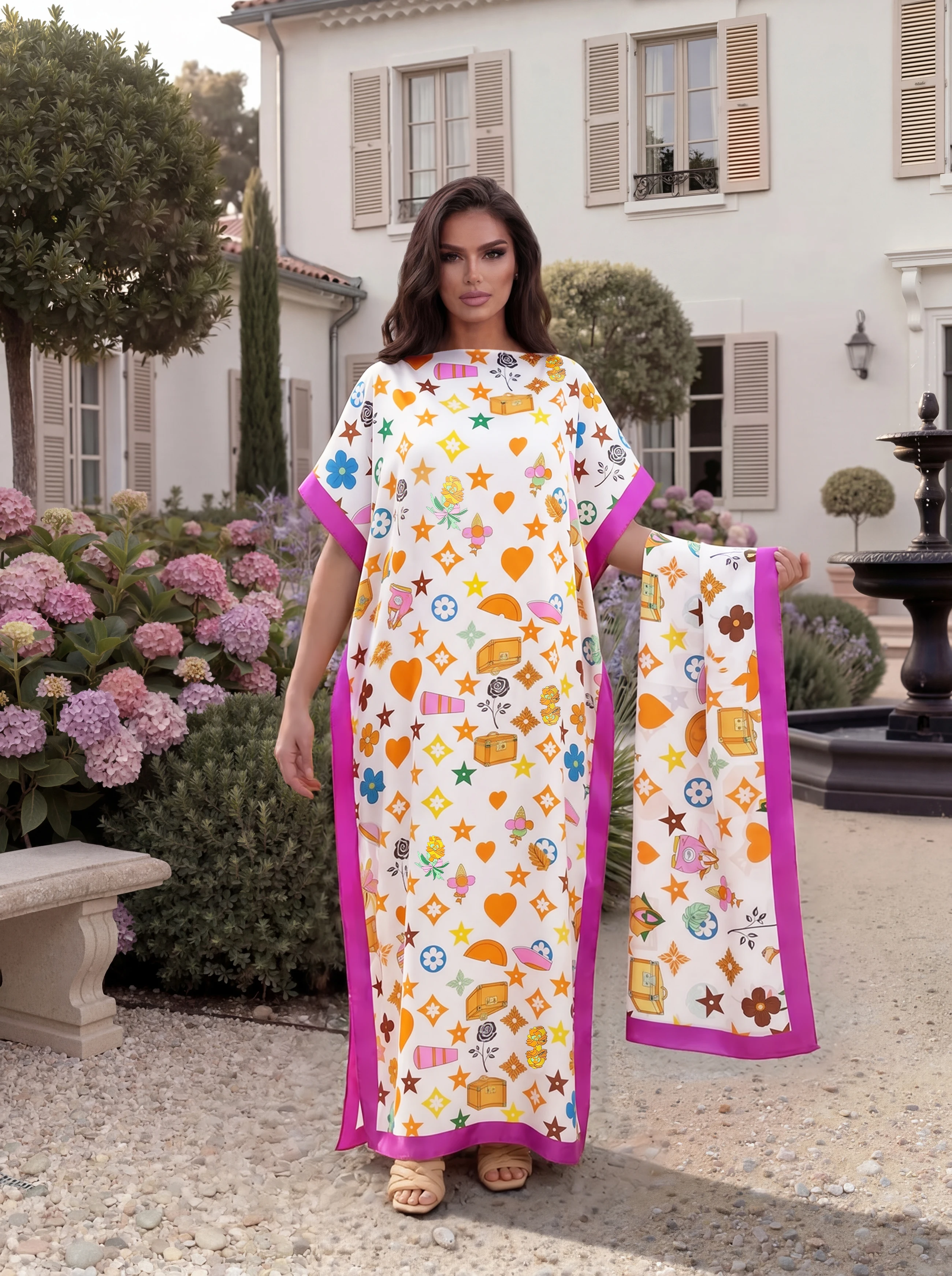 English Title: Cartoon Heart Star Print Satin Abaya Scarf Set, Loose Batwing Maxi Kaftan Muslim Women Summer Beach Holiday Wear
