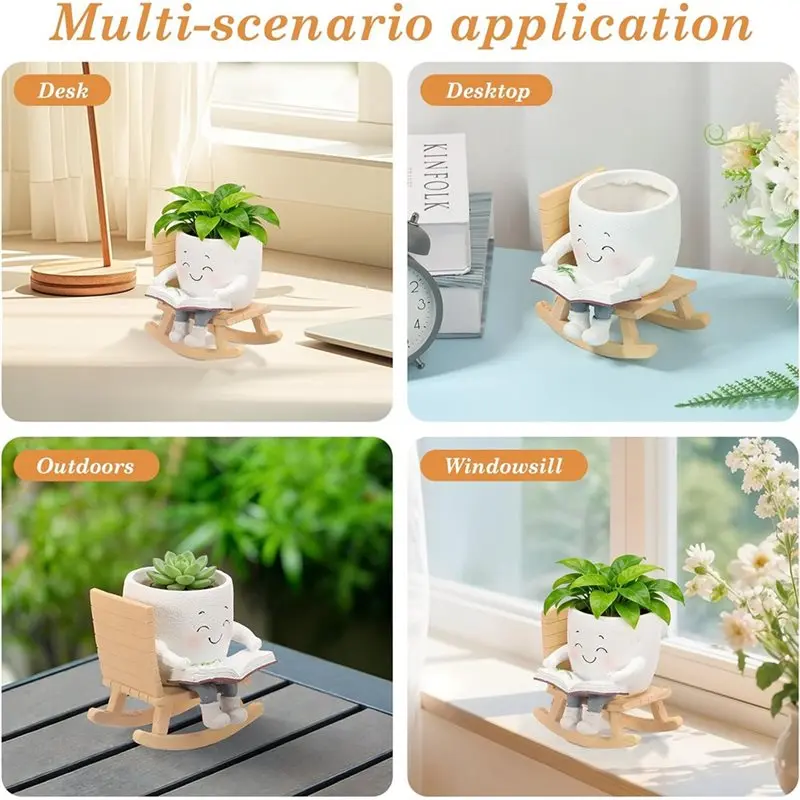 TKOH-Resin Flower Pot With Drainage Hole, Cute Smile Face Hanging Planter- Indoor Outdoor Home Garden Decor