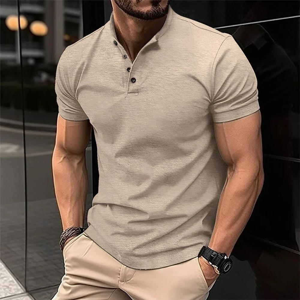 

Men's Button-Up Henry Collar Sport irt Summer 2023 Cool Feeling Tee-acetate Fiber T-irt CleanFit Sle Color