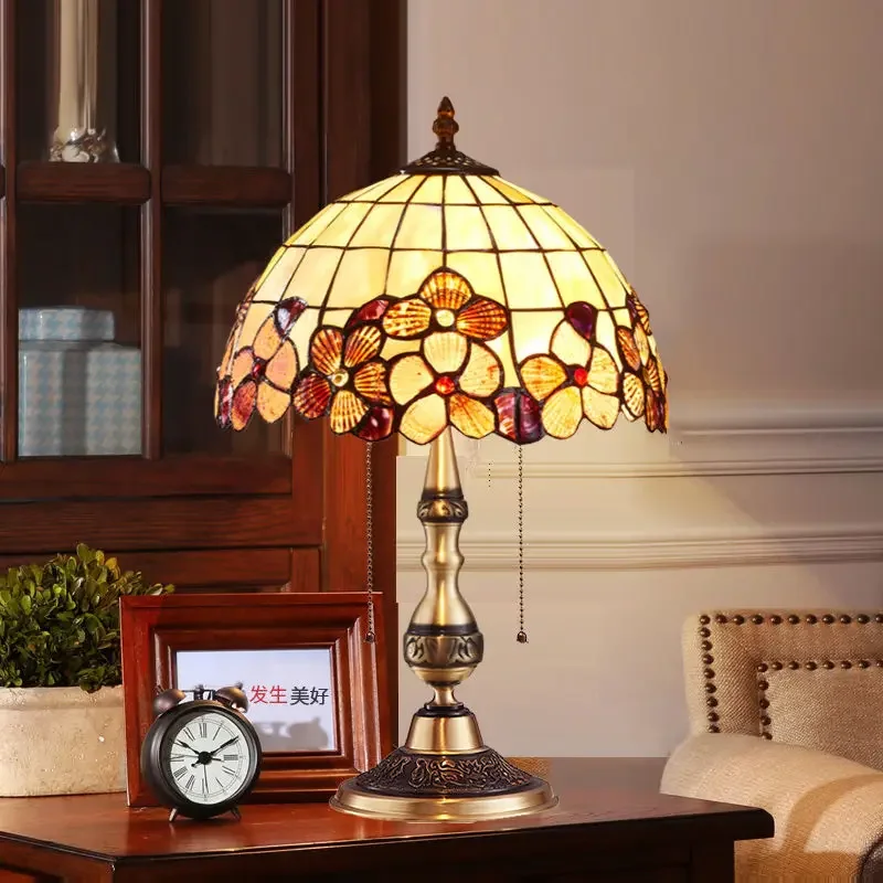 SEAN Modern Brass Tiffany Table Lamp LED European Retro Luxury Creative Shell Desk Light for Home Living Room Bedroom