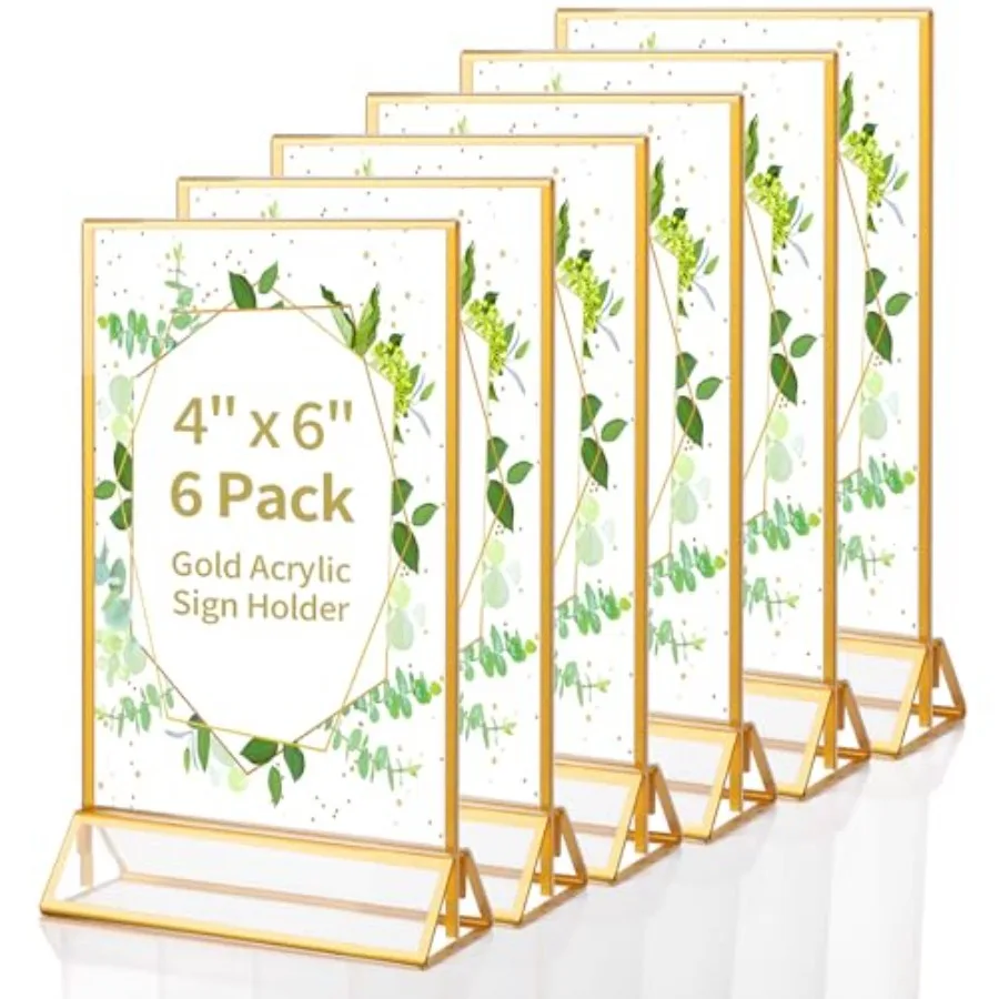 Gold Acrylic Sign Holder 4X6 inch 6 Pack Wedding Table Number Frames Vertical Double Sided Display Gold Picture Frame Clear Men