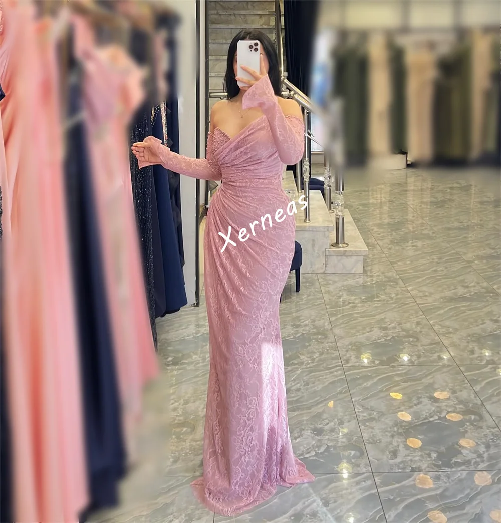 تخصيص الدانتيل الطية الديكور خارج على الكتف البوق فساتين طويلة مخصصة مناسبة مساء اللباس عالية الجودة حزب ثوب