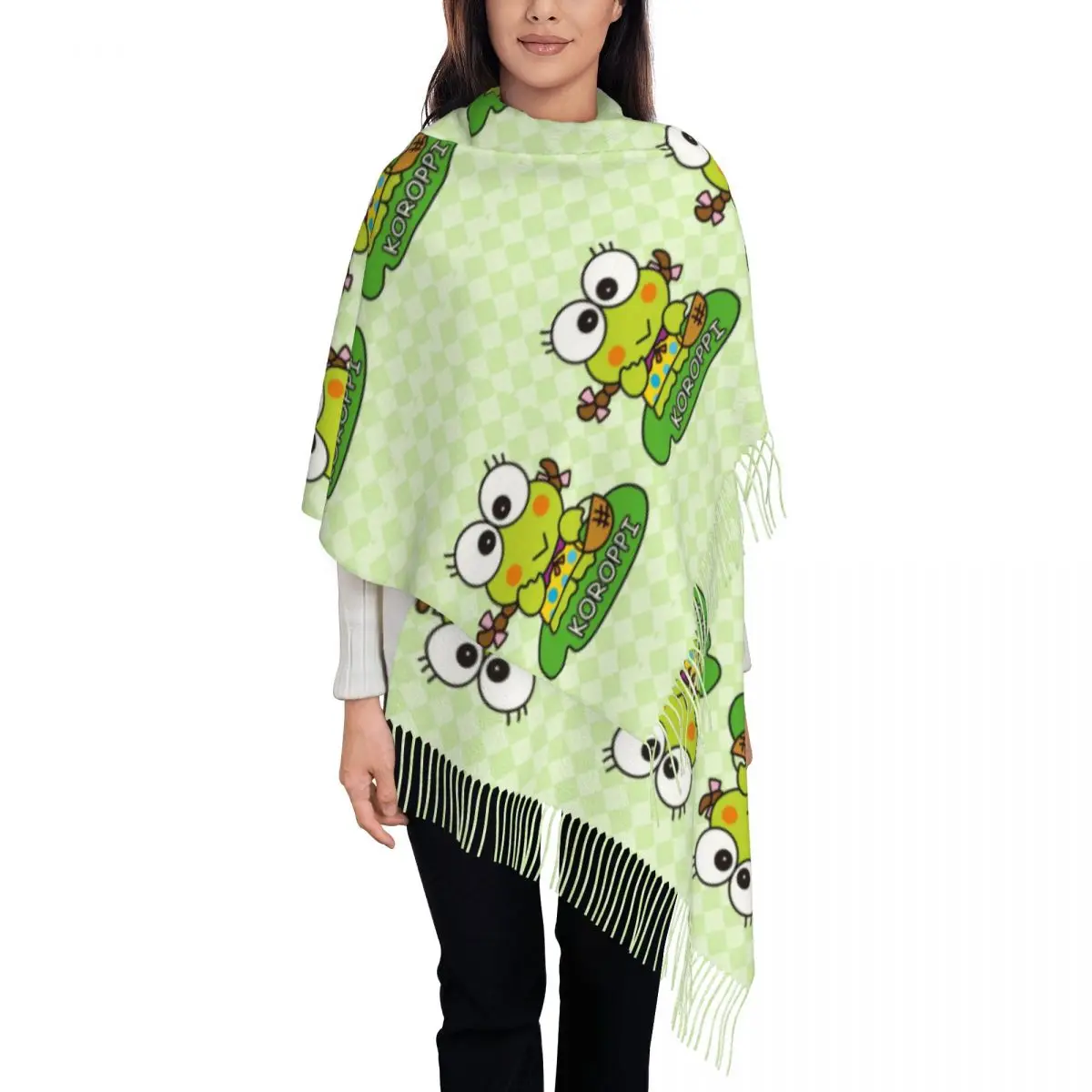 Custom Keroppi Tassel Scarf Women Winter Warm Shawl Wrap Ladies Scarves