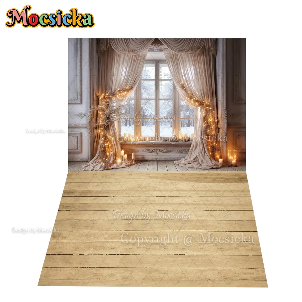Mocsicka Vintage Christmas Fireplace Corner Backdrop Photography Gift Snow Window Wooden Floor Background Family Newborn Photo