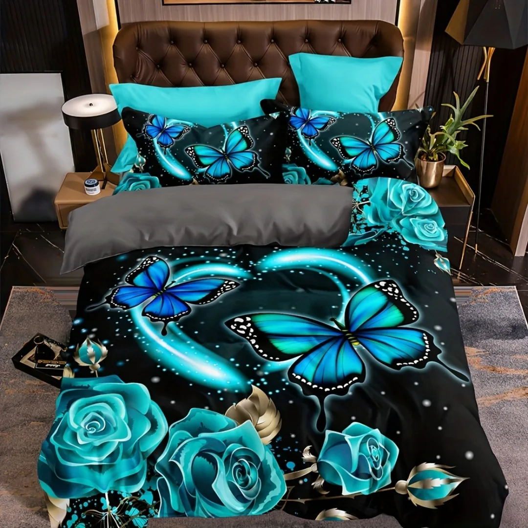 Enchanting Butterfly Rose Floral 3D Bedding Set Breathable Duvet Cover Set King Queen Twin Single Size Bithday Gift for Girls