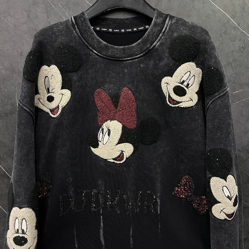 Autumn Heavy Industry New Style Distressed Embroidered Cartoon Crew Neck Sweatshirt Women's Loose Casual Versatile Pullovers Top