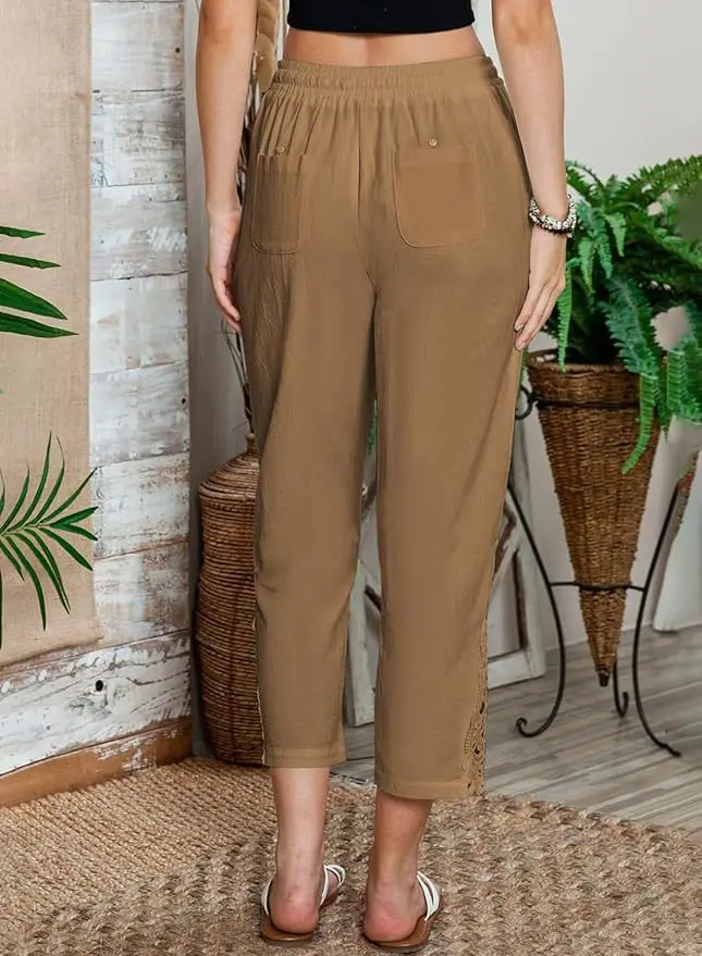 2026 Women's Pants Elastic Waist Solid Color Lace Spliced Drawstring Pocket Simple Fashion Basic Casual 9-point Pants