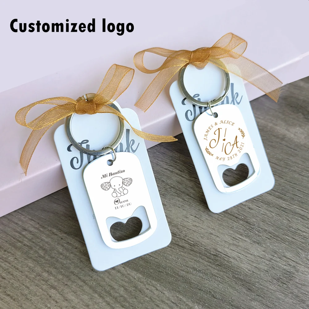 50-100 stuks Gepersonaliseerde Gegraveerde Sleutelhangers Flesopener Bruiloft Gunsten Cadeaus Voor Gasten Feest Doop Aangepaste Souvenir Met Kaart