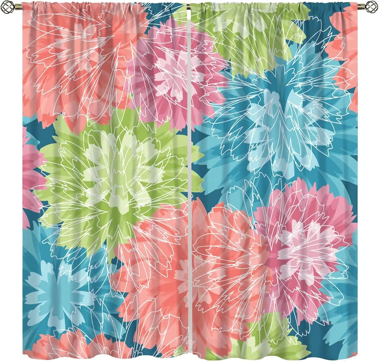 Colorful Line Chrysanthemum Window Curtain Pink Green Teal Floral Art Light Filter Privacy Drape For Bedroom Living Room
