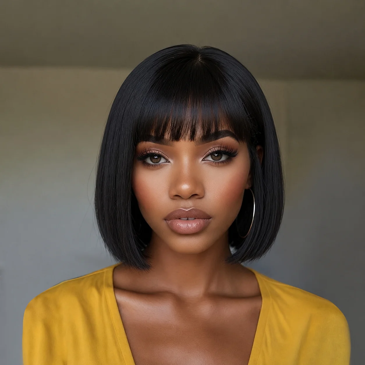 Straight bangs bob haircut, black bangs for daily commuting and dating, straight wig, comfortable to wear, not stuffy