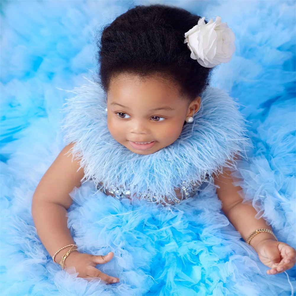 Light Sky Blue Kids Ruffles Flower Girls Dresses Feather Pageant abito di lusso per WeddingParty abiti da compleanno per servizio fotografico