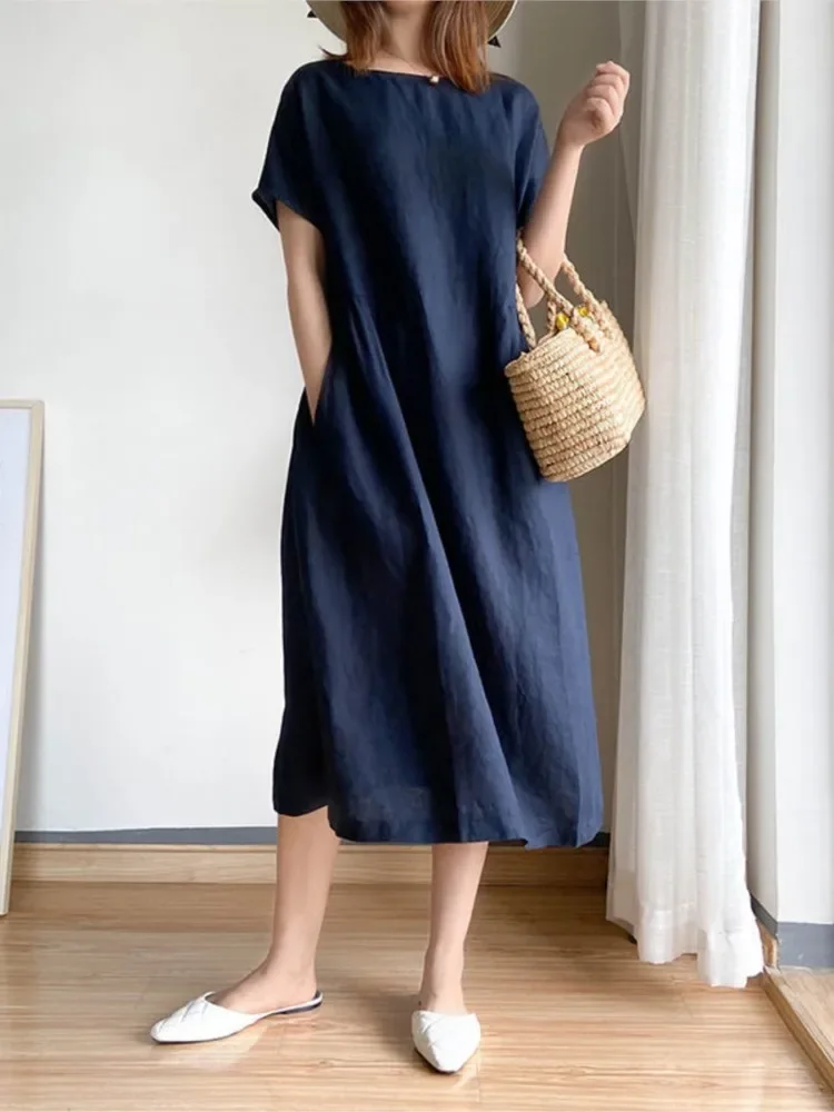 

Solid Color Cotton Linen Midi Dresses Women Fashion Casual Spring Summer Short Sleeves Loose A-line Dress Lady Clothing Vestidos