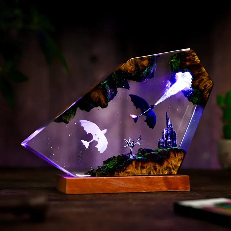 Creative Black Dragon Glowing Breath Resin Lamp Personalized Wooden Light Home Decor Gift for Dragon Lovers