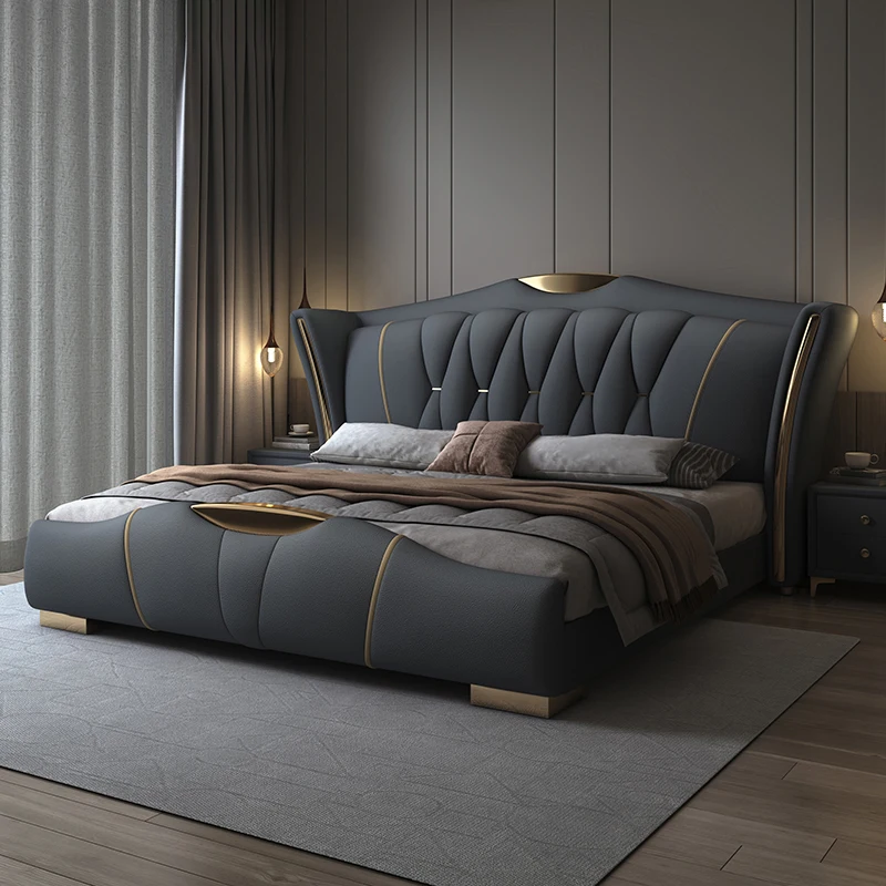 

SAT. Italian luxury black leather bed wholesale high-end modern bed set furniture bedroom hotel upholstered king bed