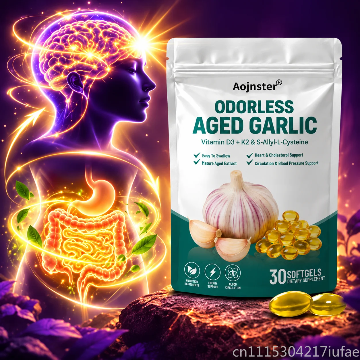 Odorless Aged Garlic Softgels with D3 K2, Supports Gut Health, 30 Softgels Supplement