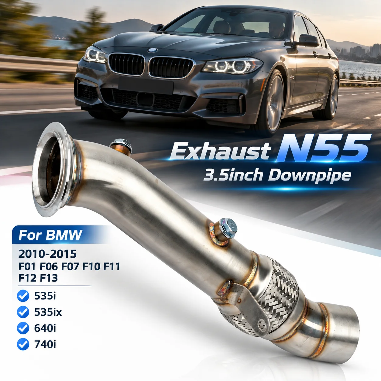 Image of 3,5-Zoll-Katalysatorfreies Downpipe für BMW N55 F01 F06 F07 F10 F11 F12 F13 535i 640i 740i 2010-2015 aus SUS304 Edelstahl