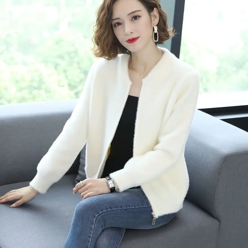 Casual Zipper Imitation Mink Velvet Coat Women Korean O-Neck Long Sleeve Sweater Short Cardigan Spring Baseball Jacket Tops U761