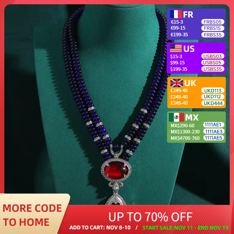 

Vintage Layered Beaded Necklace Water Drop Pendant Sapphire Blue Glass Woman Luxury Designer Jewelry Evening Party Accessories